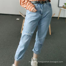 2020 spring women fashion blue loose soft ripped pants jeans with pockets